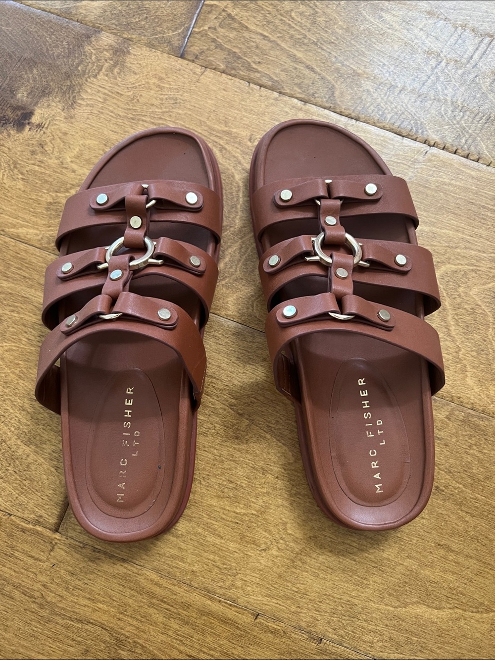 Marc Fisher Men's Cognac Triple-Strap Slide Sandals with Silver Hardware